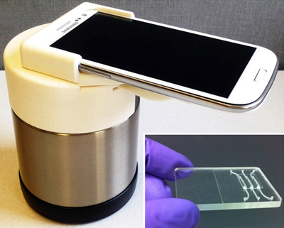 Smart cup device with Samsung Galaxy 3 smartphone and microfluidic chip 